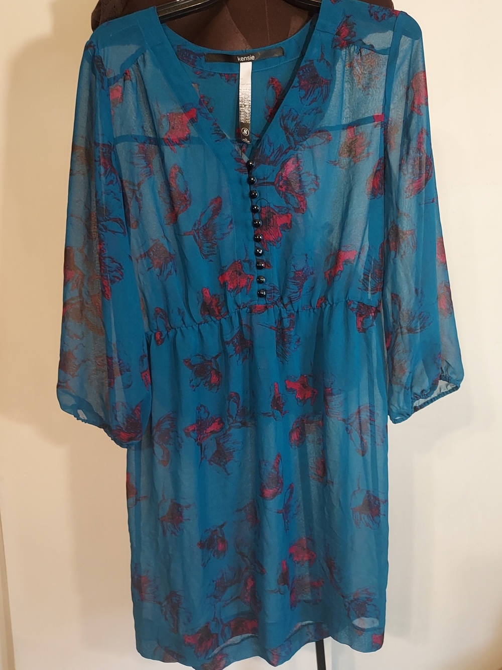 Kensie Floral Button Front Sheer Dress Teal Small